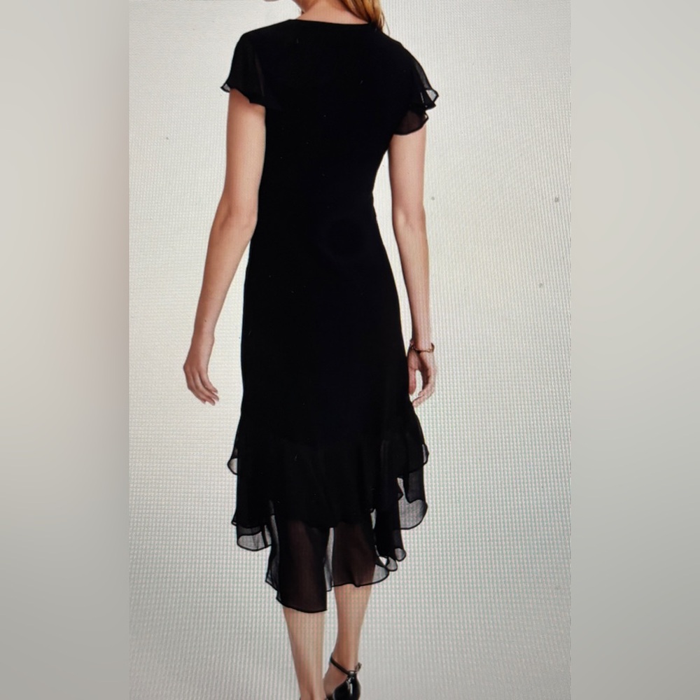 Tommy Hilfiger Chiffon Ruffle Trim V-Neck Midi Black Tiered Dress Women 14 NEW - Picture 10 of 12